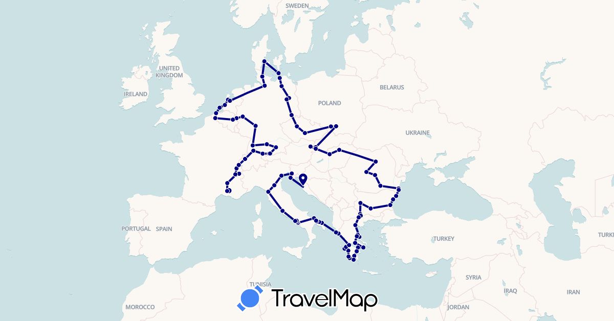 TravelMap itinerary: driving in Austria, Belgium, Bulgaria, Switzerland, Czech Republic, Germany, Denmark, France, Greece, Croatia, Hungary, Italy, Netherlands, Poland, Romania, Slovakia (Europe)